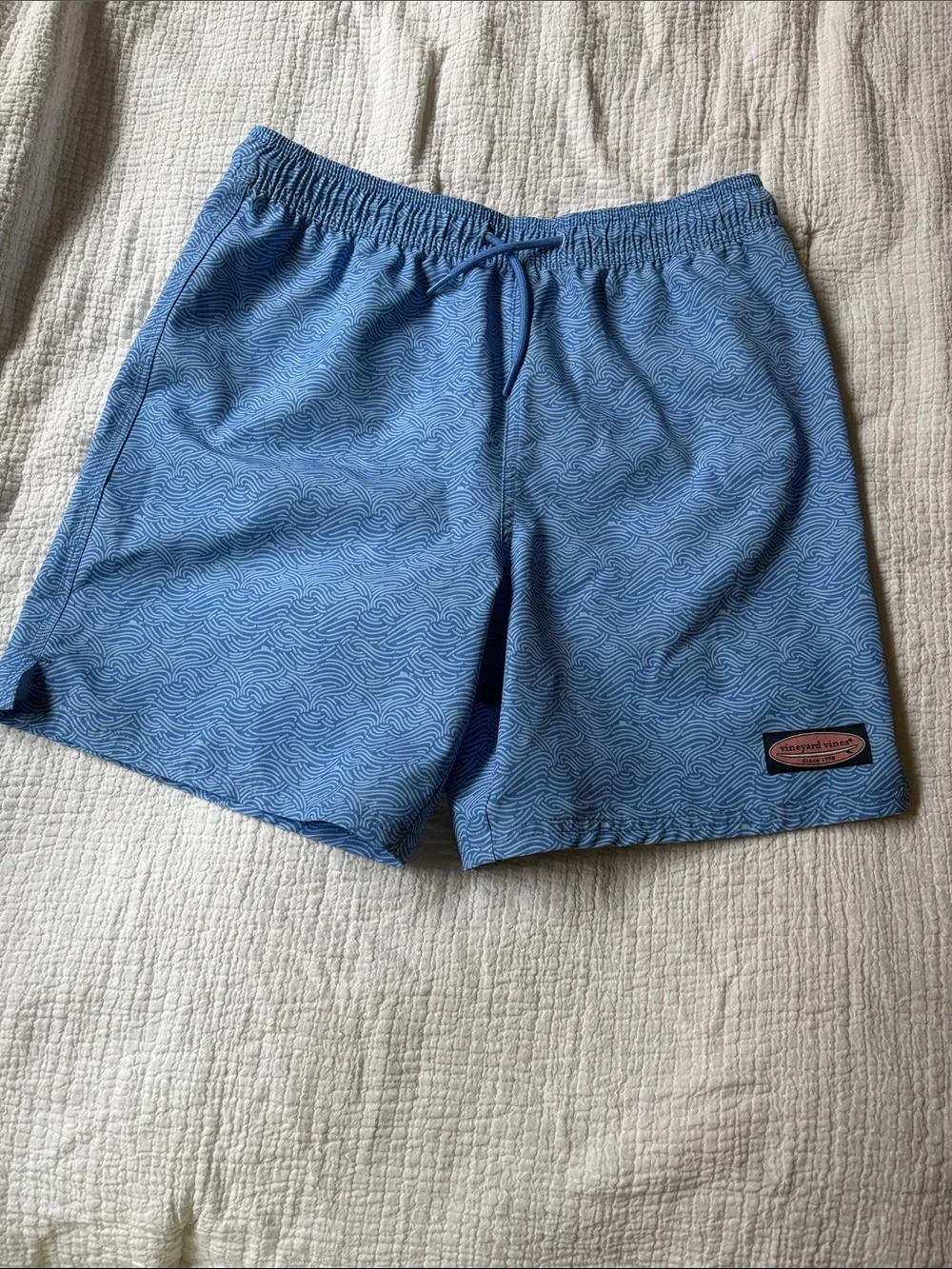 Vineyard Vines Light Blue Wave-Print Swim Trunks